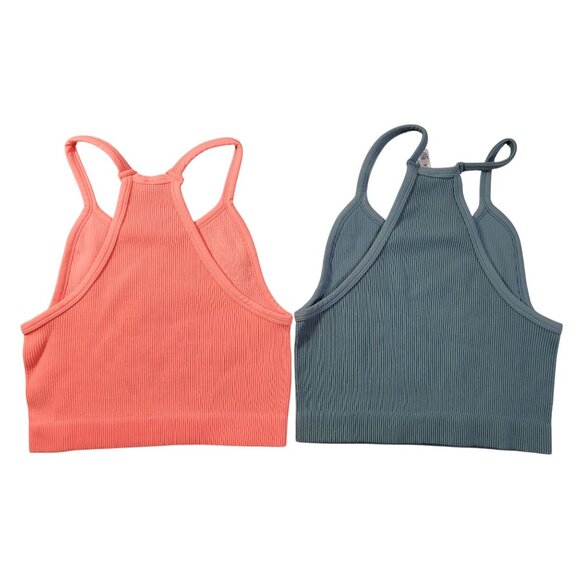 2 Tank Crop Tops Womens L/XL Halter-Style Straps Ribbed Zenana Coral Teal NEW - Picture 2 of 6